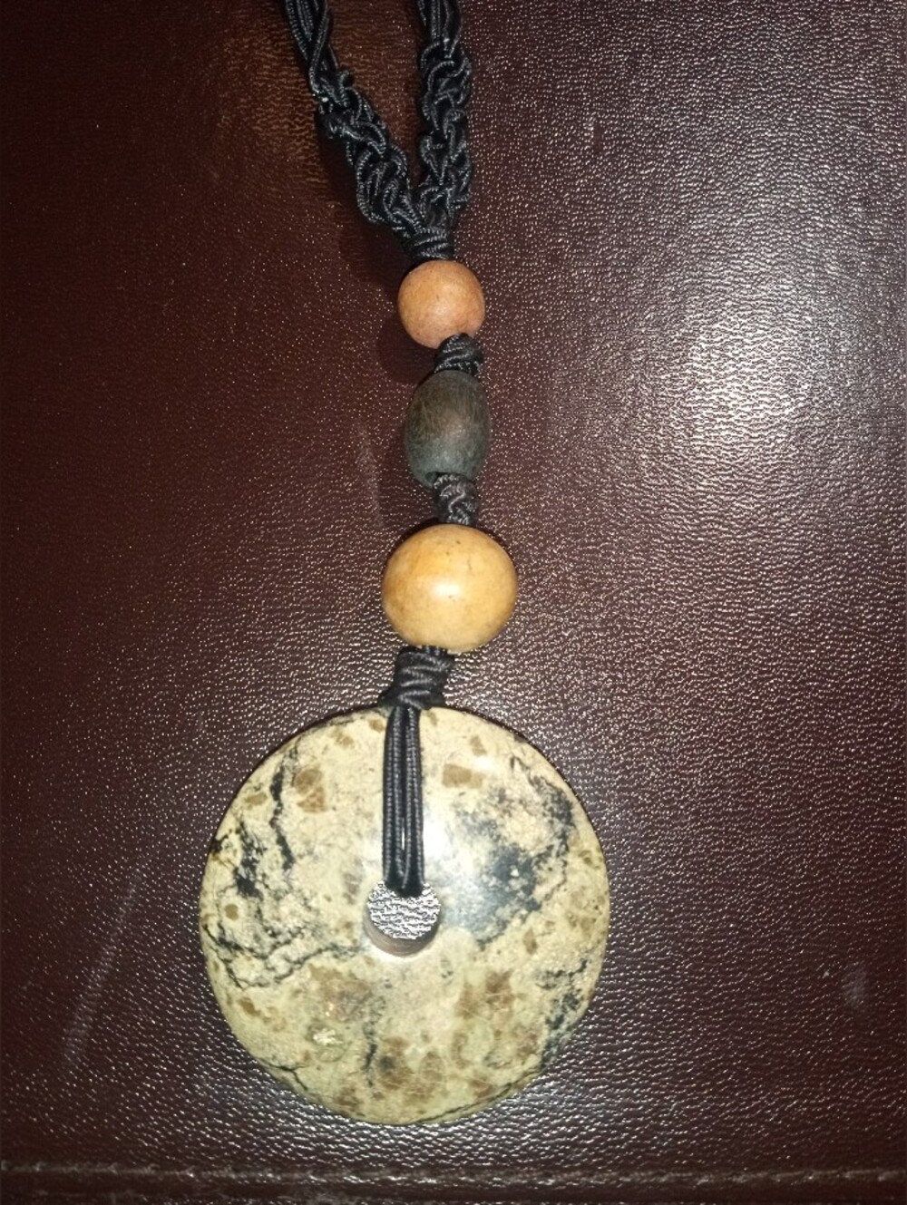 Handcrafted Beige Stone Pendant Necklace with Natural Wood Beads
